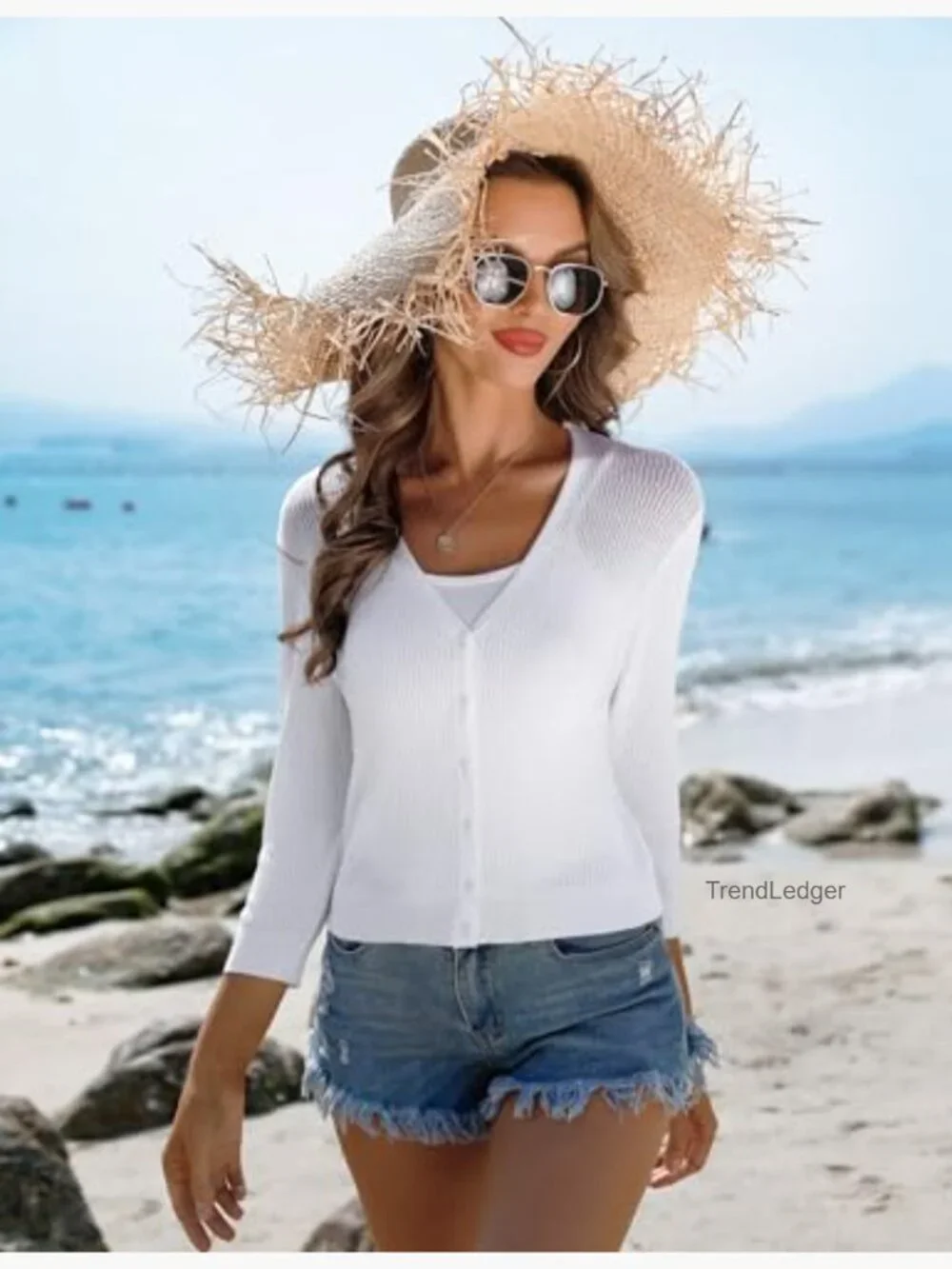 Cropped 3/4 Sleeve Knit Shrug V Neck Button Cardigan Women Summer